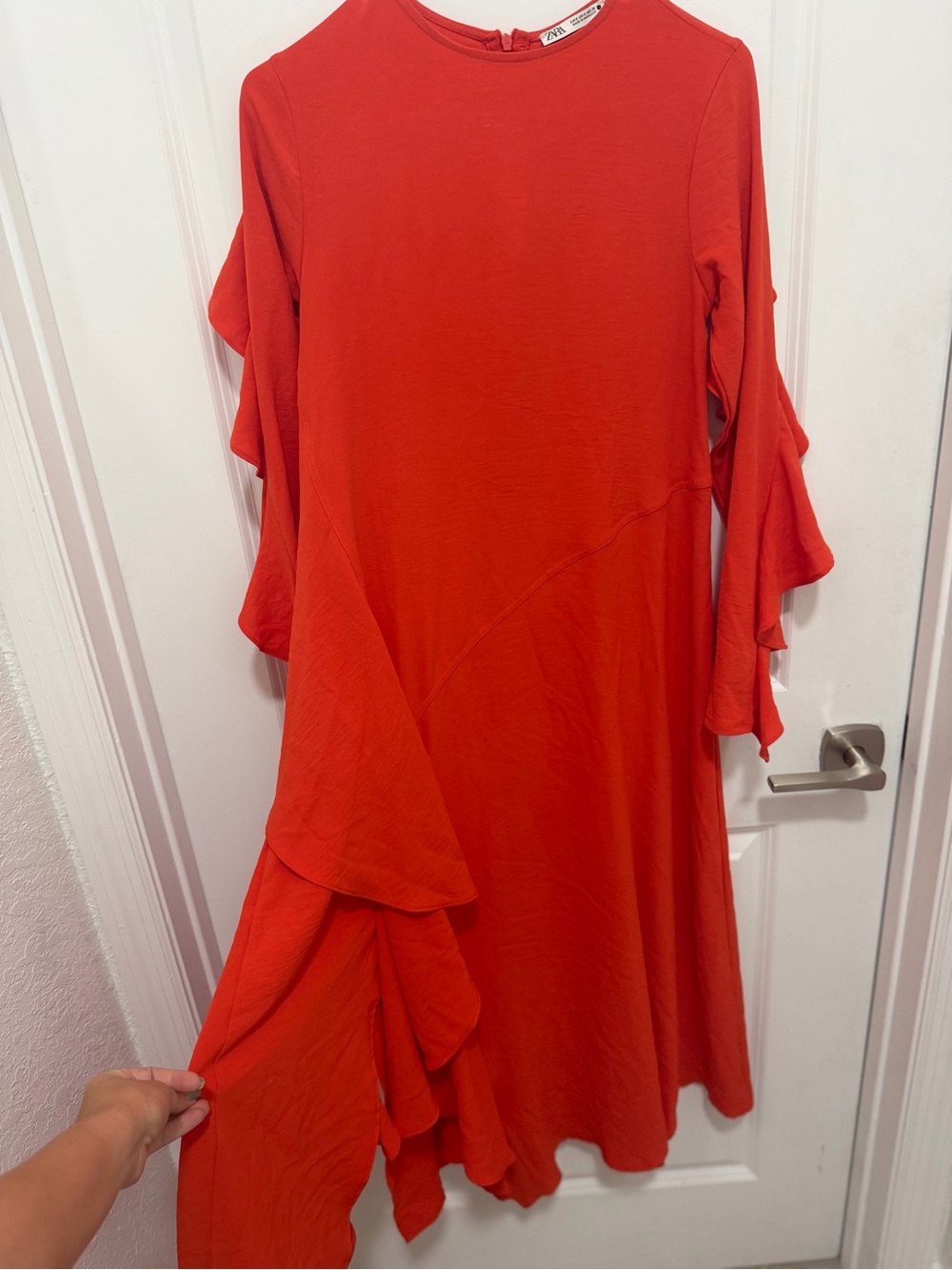 Zara Red Asymmetrical Ruffle-Sleeve Dress